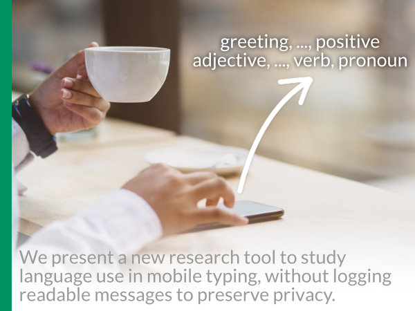 Image of a woman drinking coffee while typing on a smartphone. Annotated arrow points from phone to a sequence of words: greeting, verb, positive adjective, pronoun.