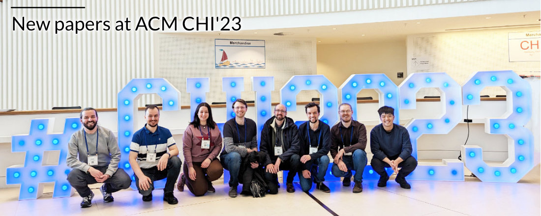 Group picture: UBT team in front of the CHI 2023 sign in the conference entrance hall.