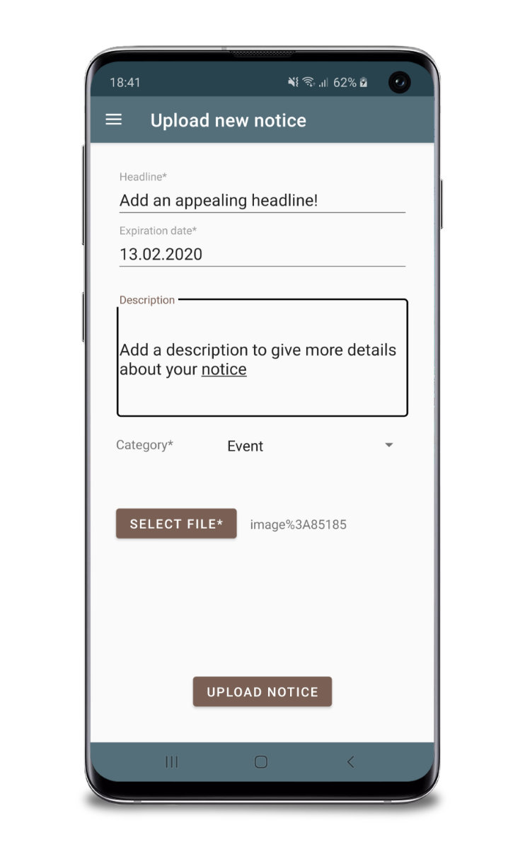 App screenshot: Creating a new notice