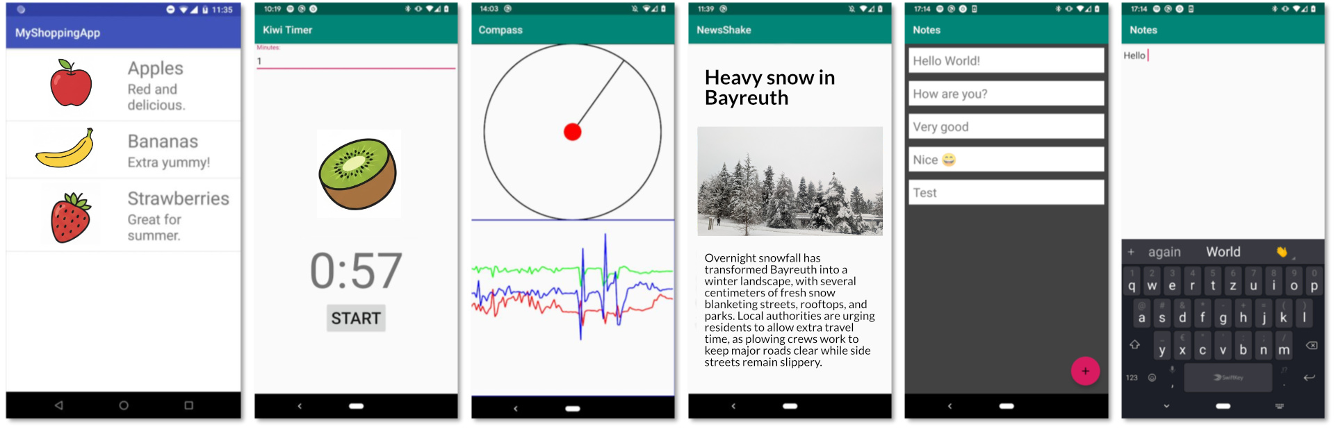 Series of screenshots showing the example apps created in the first part of the CIIS course.